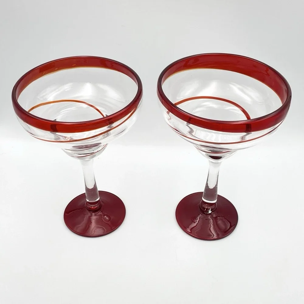 Pair Hand Blown Red Swirl Margarita Glasses 8